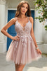 Load image into Gallery viewer, A Line Spaghetti Straps Blush Short Prom Dress with Criss Cross Back