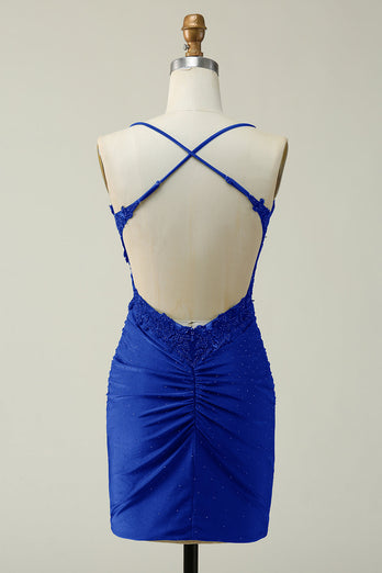 Stylish Sheath Spaghetti Straps Royal Blue Short Prom Dress with Appliques