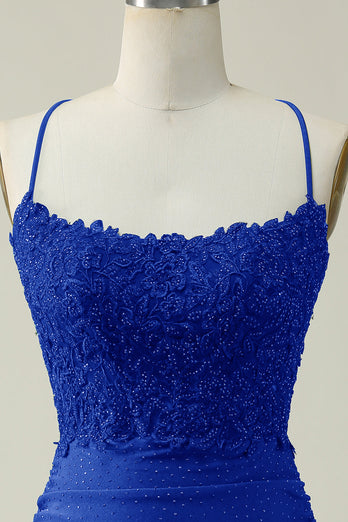 Stylish Sheath Spaghetti Straps Royal Blue Short Prom Dress with Appliques