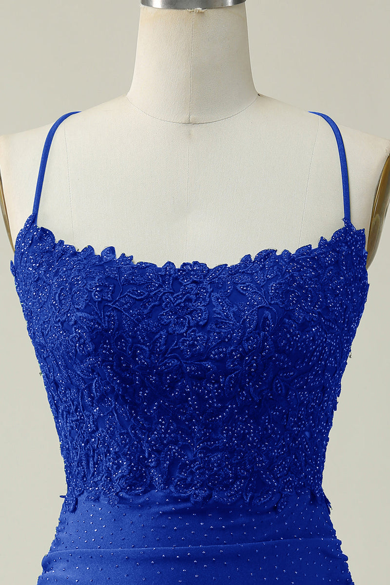 Load image into Gallery viewer, Stylish Sheath Spaghetti Straps Royal Blue Short Prom Dress with Appliques