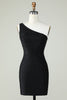 Load image into Gallery viewer, Sheath One Shoulder Black Short Prom Dress with Beading