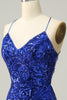 Load image into Gallery viewer, Sheath Spaghetti Straps Fuchsia Sequins Short Homecoming Dress