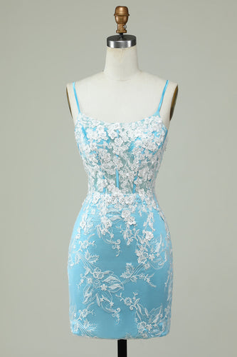 Sheath Spaghetti Straps Light Blue Short Prom Dress with Appliques