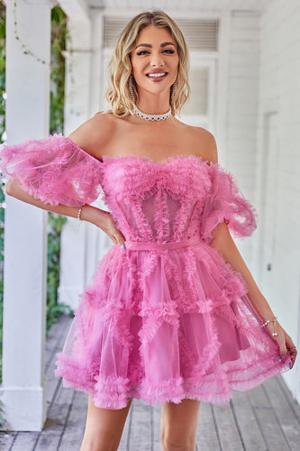 Hot Pink Off the Shoulder Tulle Short Prom Dress