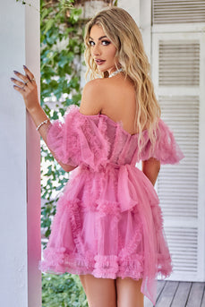 Hot Pink Off the Shoulder Tulle Short Prom Dress