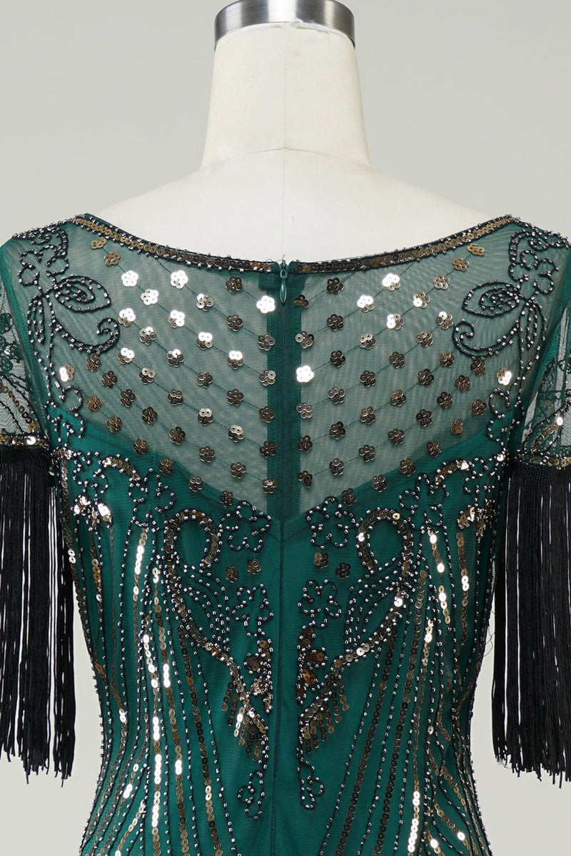 Load image into Gallery viewer, Dark Green Sequins 1920s Flapper Dress with Fringes