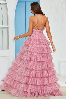 Spaghetti Straps Layered Tulle Prom Dress with Floral Printed