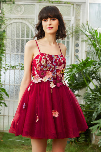 Burgundy A Line Spaghetti Straps Short Prom Dress With 3D Flowers