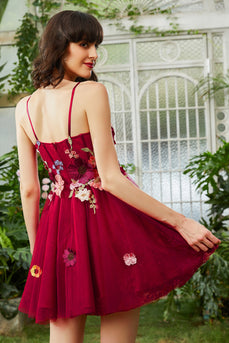 Burgundy A Line Spaghetti Straps Short Prom Dress With 3D Flowers