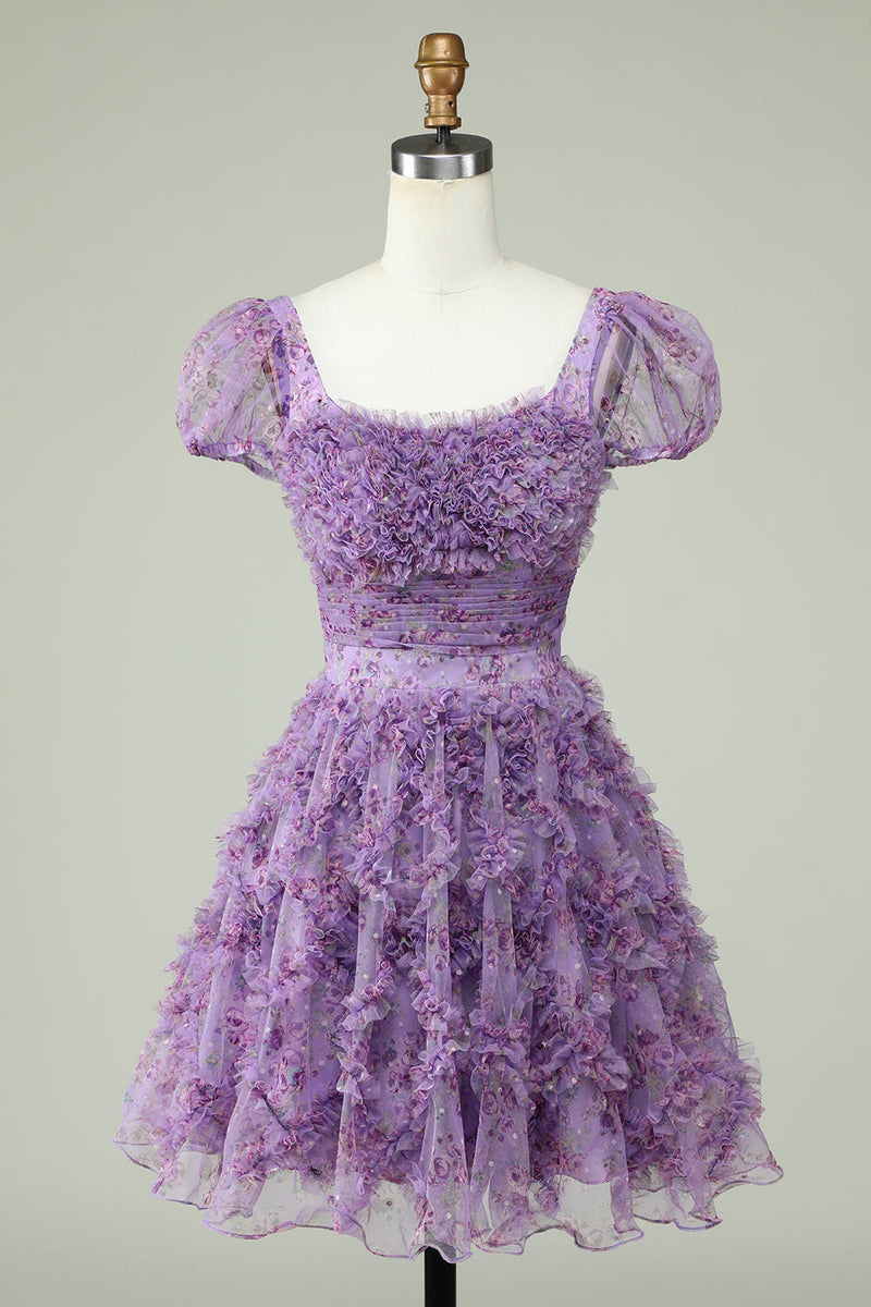 Load image into Gallery viewer, Floral A Line Purple Short Prom Dress with Ruffles