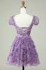 Load image into Gallery viewer, Floral A Line Purple Short Prom Dress with Ruffles