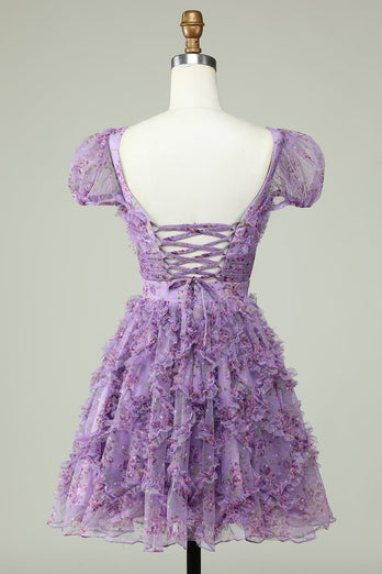 Floral A Line Purple Short Prom Dress with Ruffles