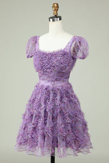 Floral A Line Purple Short Prom Dress with Ruffles