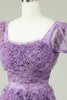 Load image into Gallery viewer, Floral A Line Purple Short Prom Dress with Ruffles