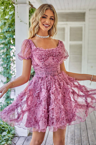 Floral A Line Dusty Rose Short Prom Dress with Ruffles