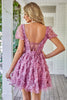 Load image into Gallery viewer, Floral A Line Purple Short Prom Dress with Ruffles