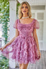 Load image into Gallery viewer, Floral A Line Purple Short Prom Dress with Ruffles