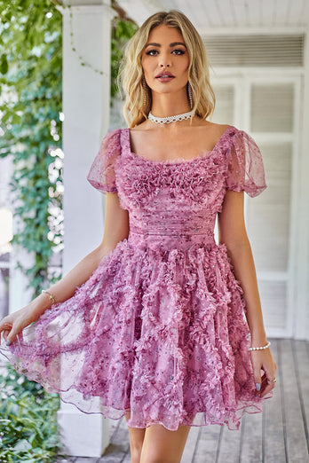 Floral A Line Purple Short Prom Dress with Ruffles