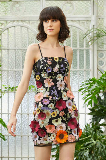 Black Spaghetti Straps Sheath Short Prom Dress with 3D Flowers