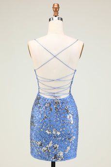 Sparkly Blue Beaded Sequins Backless Tight Party Dress