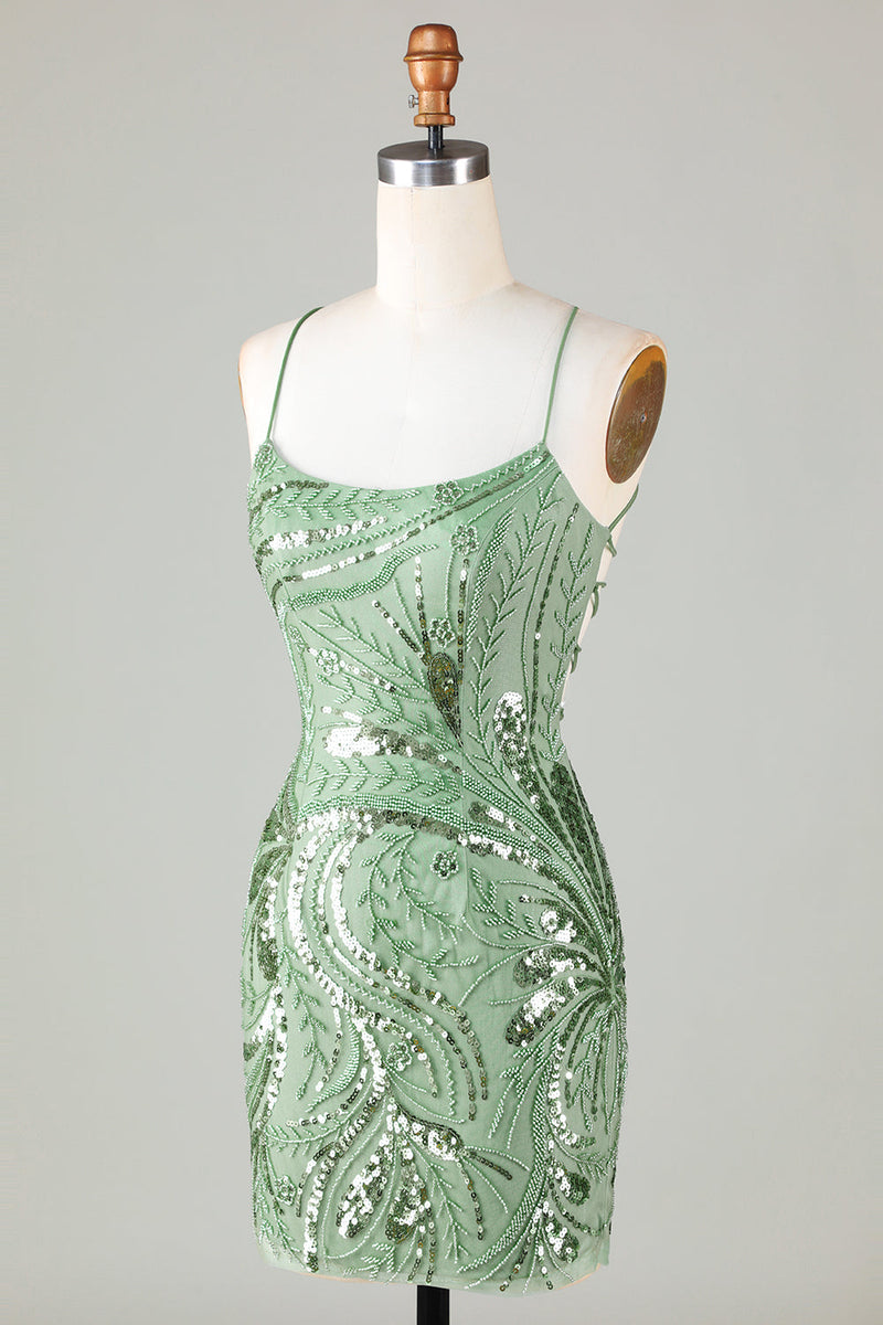 Load image into Gallery viewer, Sparkly Green Beaded Backless Tight Sequins Short Party Dress