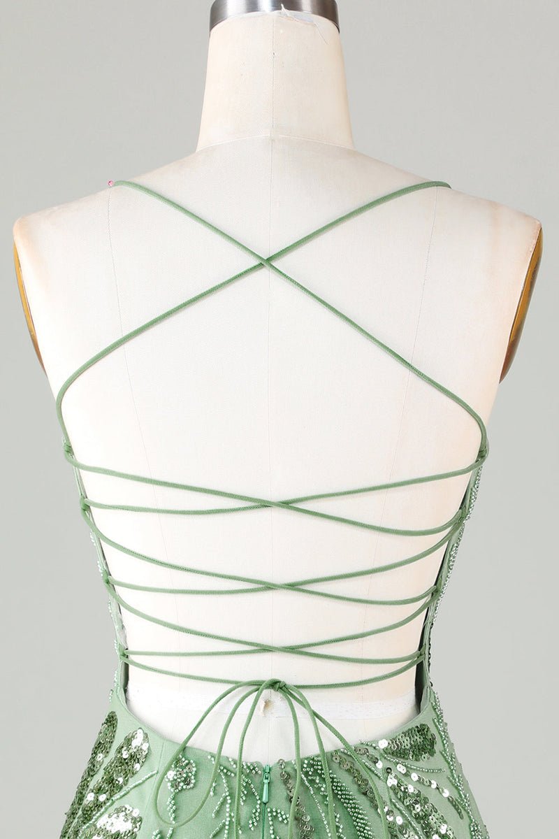 Load image into Gallery viewer, Sparkly Green Beaded Backless Tight Sequins Short Party Dress