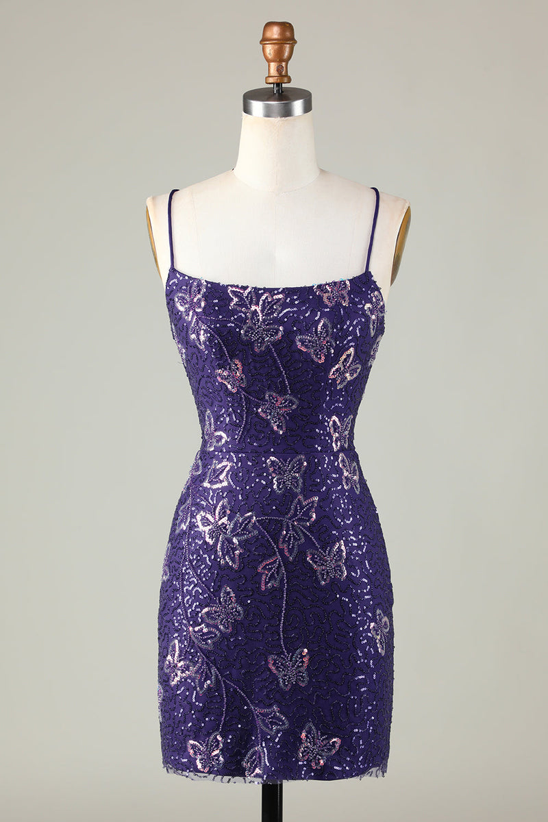 Load image into Gallery viewer, Glitter Purple Beaded Sequins Tight Short Butterflies Party Dress