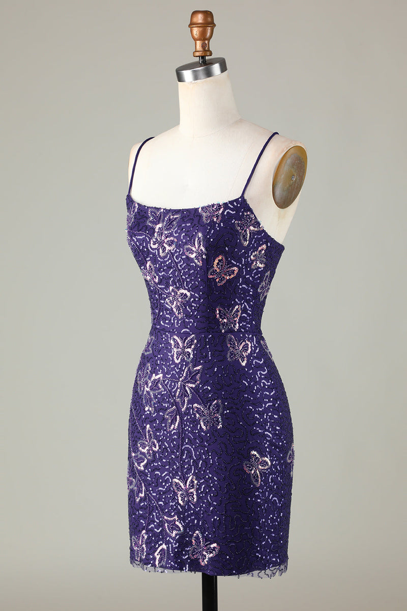 Load image into Gallery viewer, Glitter Purple Beaded Sequins Tight Short Butterflies Party Dress