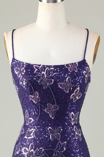 Glitter Purple Beaded Sequins Tight Short Butterflies Party Dress