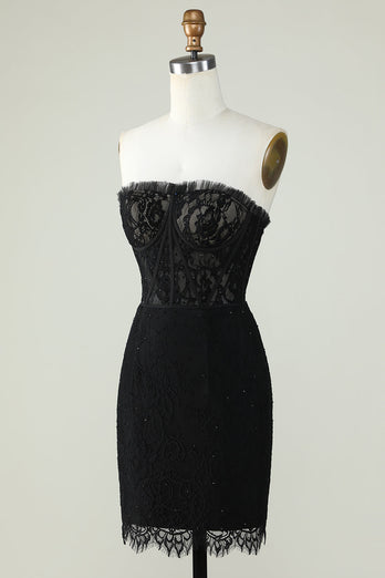 Strapless Black Short Prom Dress with Beading