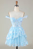 Load image into Gallery viewer, Glitter Blue Asymmetrical A-Line Short Lace Party Dress