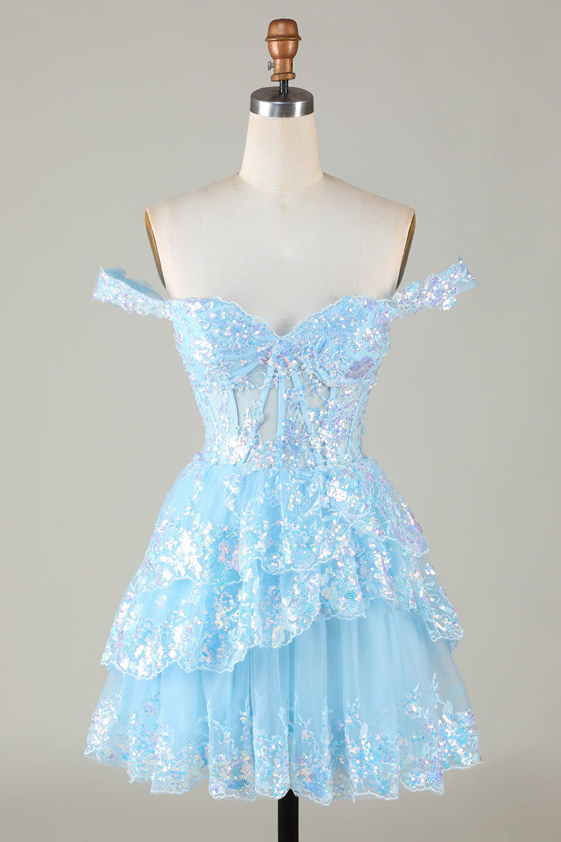 Load image into Gallery viewer, Glitter Blue Asymmetrical A-Line Short Lace Party Dress