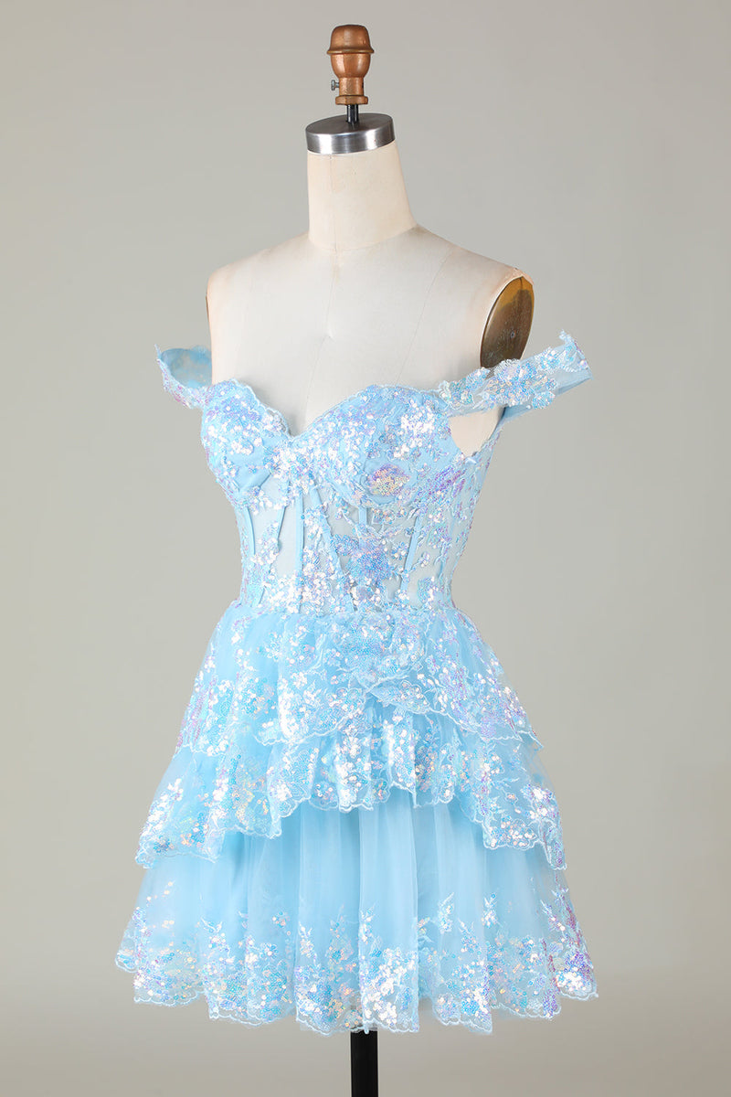 Load image into Gallery viewer, Glitter Blue Asymmetrical A-Line Short Lace Party Dress