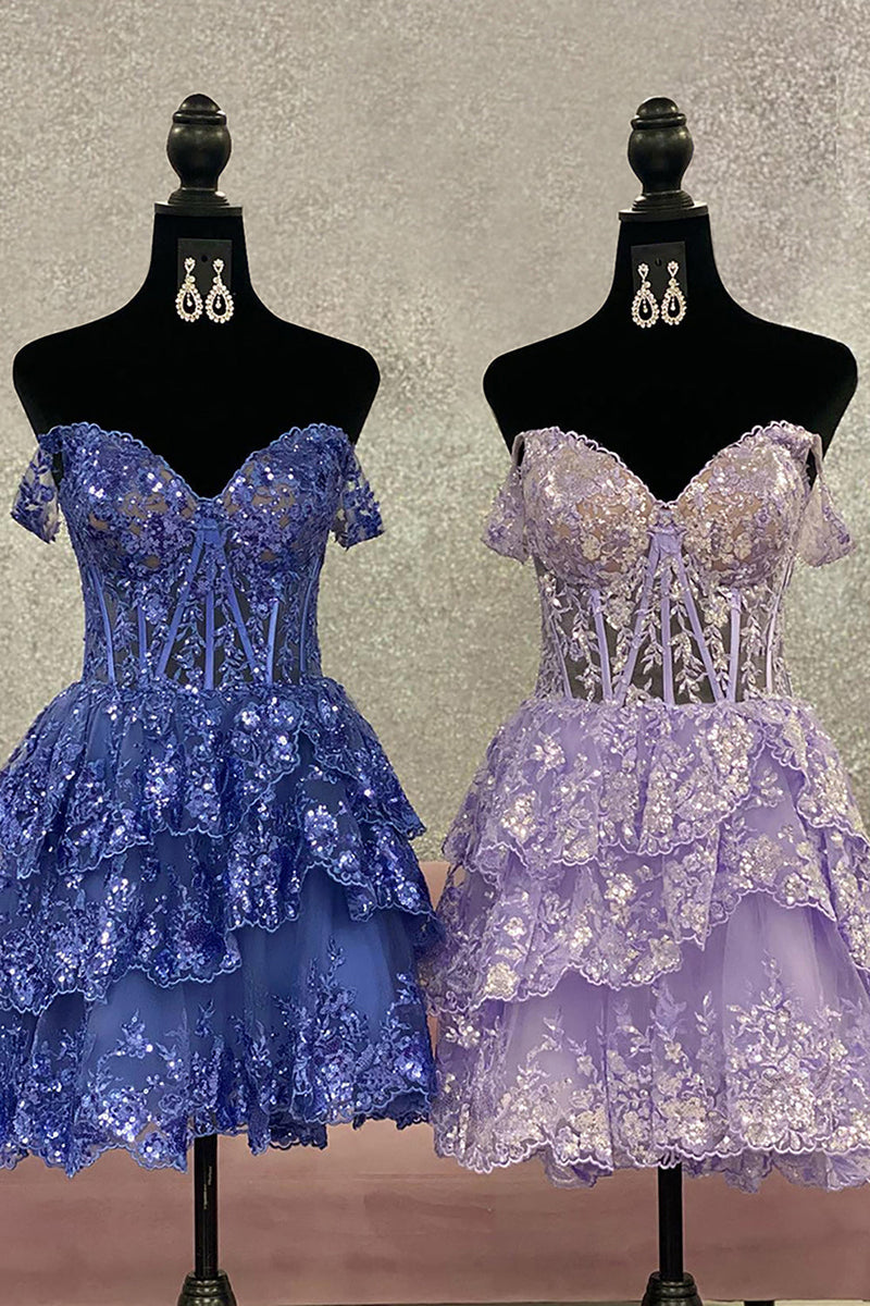 Load image into Gallery viewer, Glitter Blue Asymmetrical A-Line Short Lace Party Dress