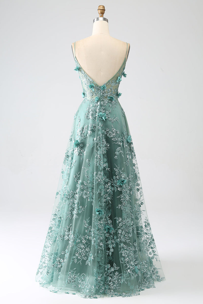 Load image into Gallery viewer, Glitter Grey Green Lace Flower Long Corset Prom Dress