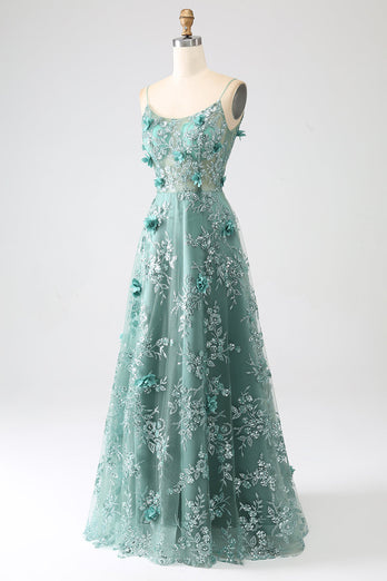 Glitter Grey Green Lace Flower Long Corset Prom Dress