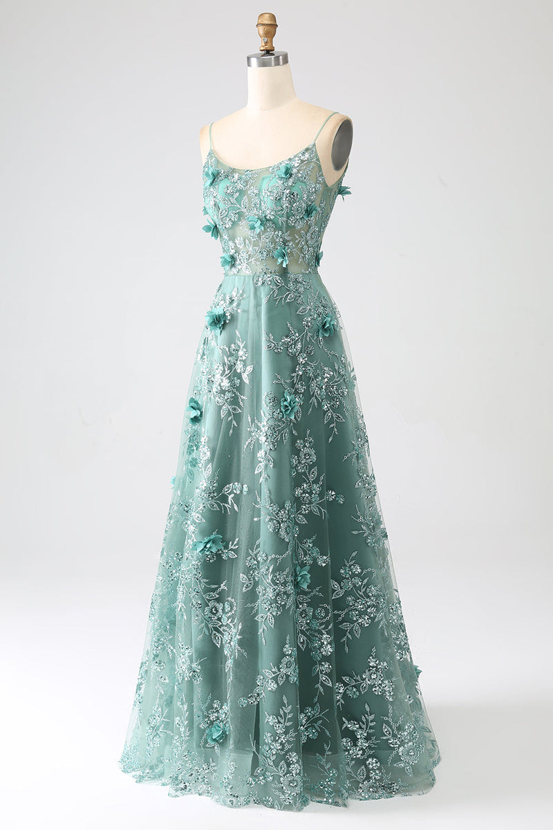 Load image into Gallery viewer, Glitter Grey Green Lace Flower Long Corset Prom Dress