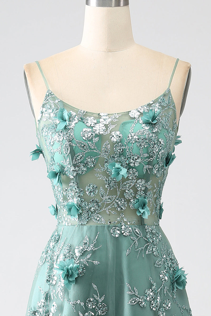 Load image into Gallery viewer, Glitter Grey Green Lace Flower Long Corset Prom Dress