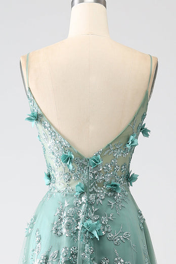 Glitter Grey Green Lace Flower Long Corset Prom Dress