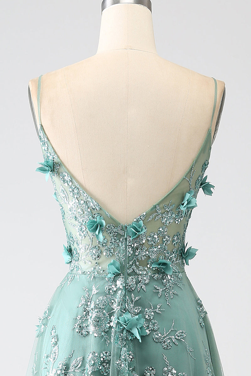 Load image into Gallery viewer, Glitter Grey Green Lace Flower Long Corset Prom Dress