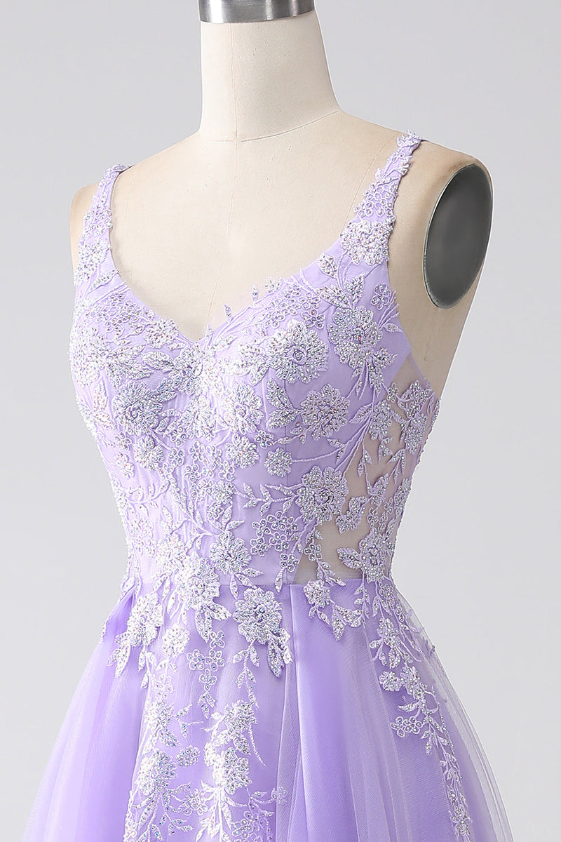 Load image into Gallery viewer, Lilac A-Line Spaghetti Straps Tulle Long Prom Dress with Appliques