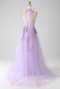 Load image into Gallery viewer, Grey Purple A-Line Halter Neck Beaded Long Prom Dress