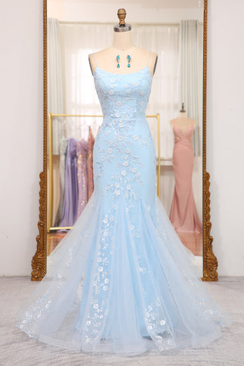 Blue Mermaid Spaghetti Straps Long Prom Dress With Appliques