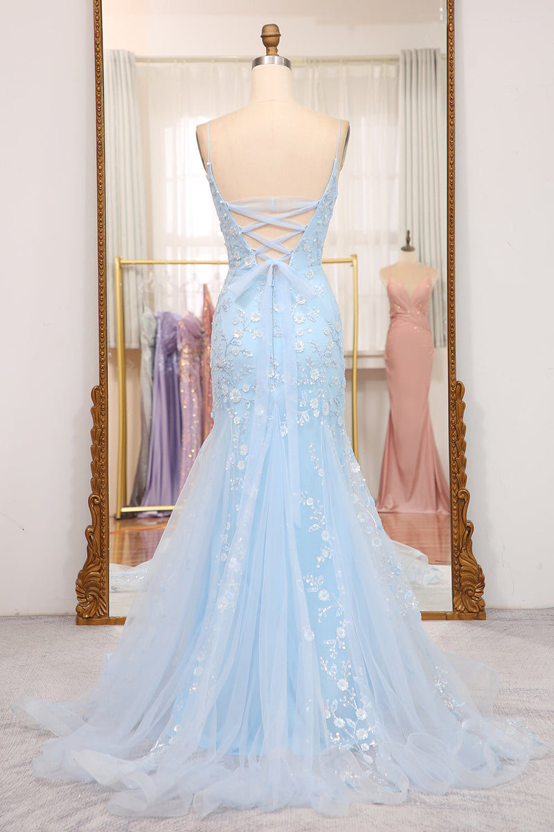 Load image into Gallery viewer, Blue Mermaid Spaghetti Straps Long Prom Dress With Appliques