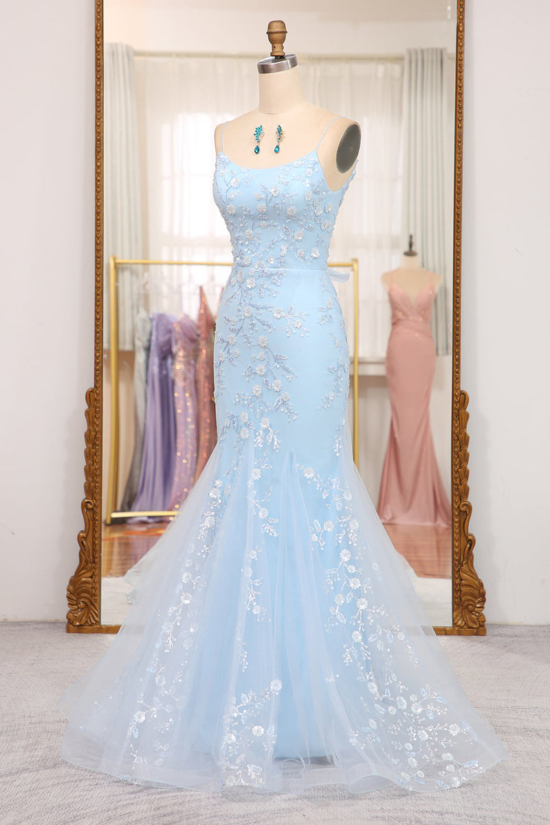 Load image into Gallery viewer, Blue Mermaid Spaghetti Straps Long Prom Dress With Appliques