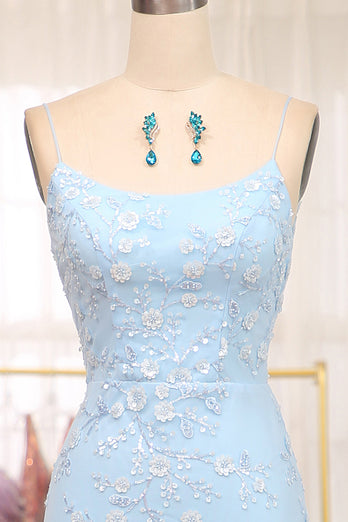 Blue Mermaid Spaghetti Straps Long Prom Dress With Appliques