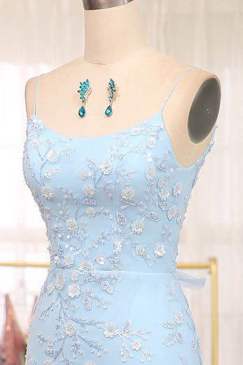 Blue Mermaid Spaghetti Straps Long Prom Dress With Appliques