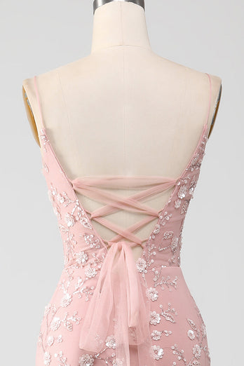 Mermiad Blush Spaghetti Straps Prom Dress with Appliques