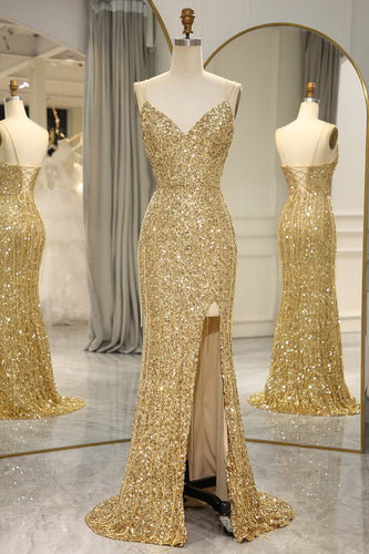 Sparkly Golden Mermaid Backless Long Prom Dress With Slit