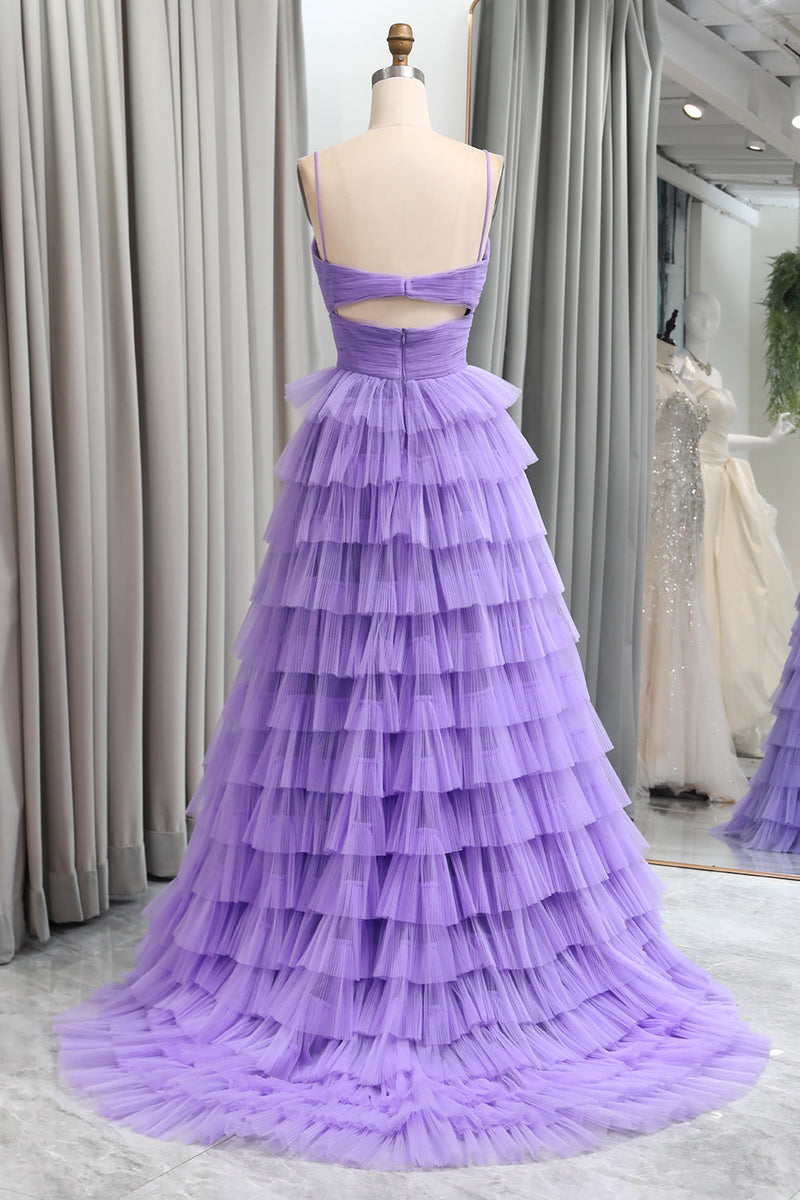 Load image into Gallery viewer, Purple Tulle A Line Tiered Long Prom Dress With Front Slit